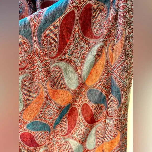 EUC Pashmina Paisley Shawl, Wrap, Red Blue Orange 74”x27.5”